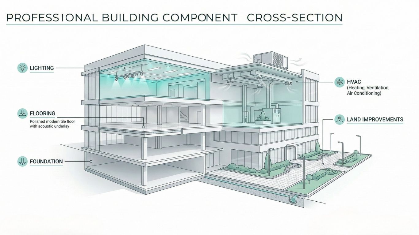 Diagram illustrating reclassification of building components in a cost segregation study.