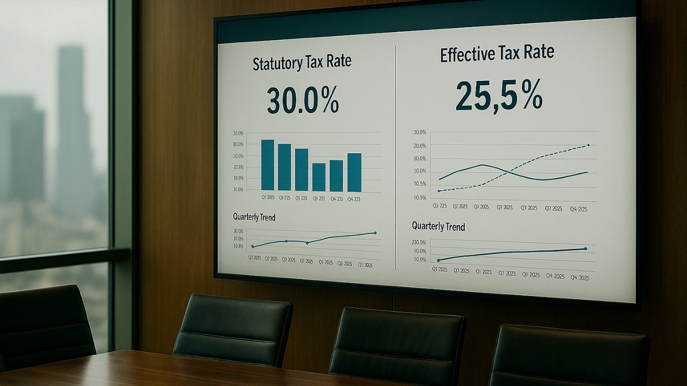 Effective tax rate reconciliation under ASC 740 financial reporting standards.