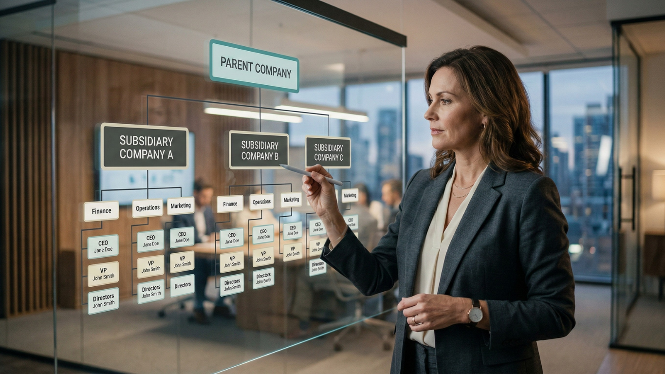 Executive reviewing a multi-entity holding company structure diagram in a modern office setting.