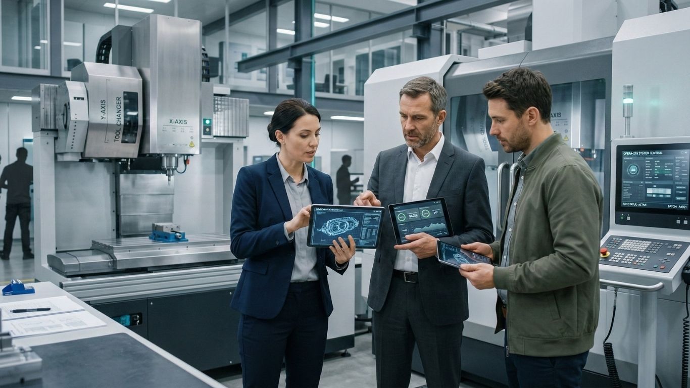 Engineers reviewing design schematics in a manufacturing facility qualifying for R&D tax credit.