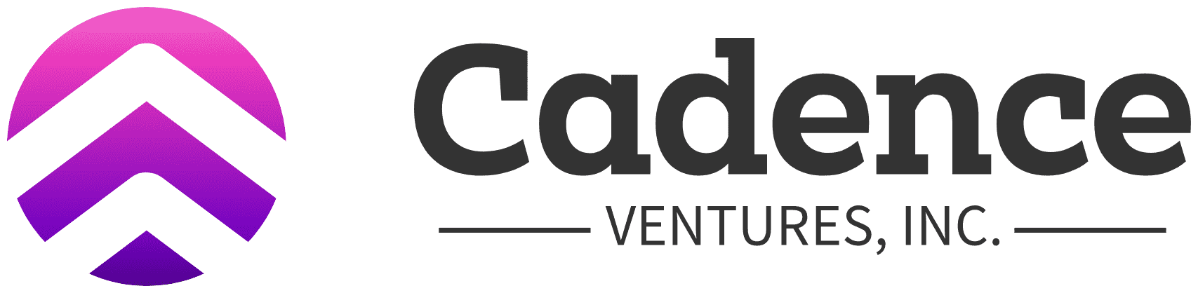 The logo for cadence ventures , inc. has a purple arrow pointing up.