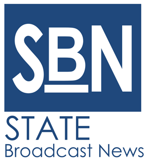 The sbn state broadcast news logo is blue and white