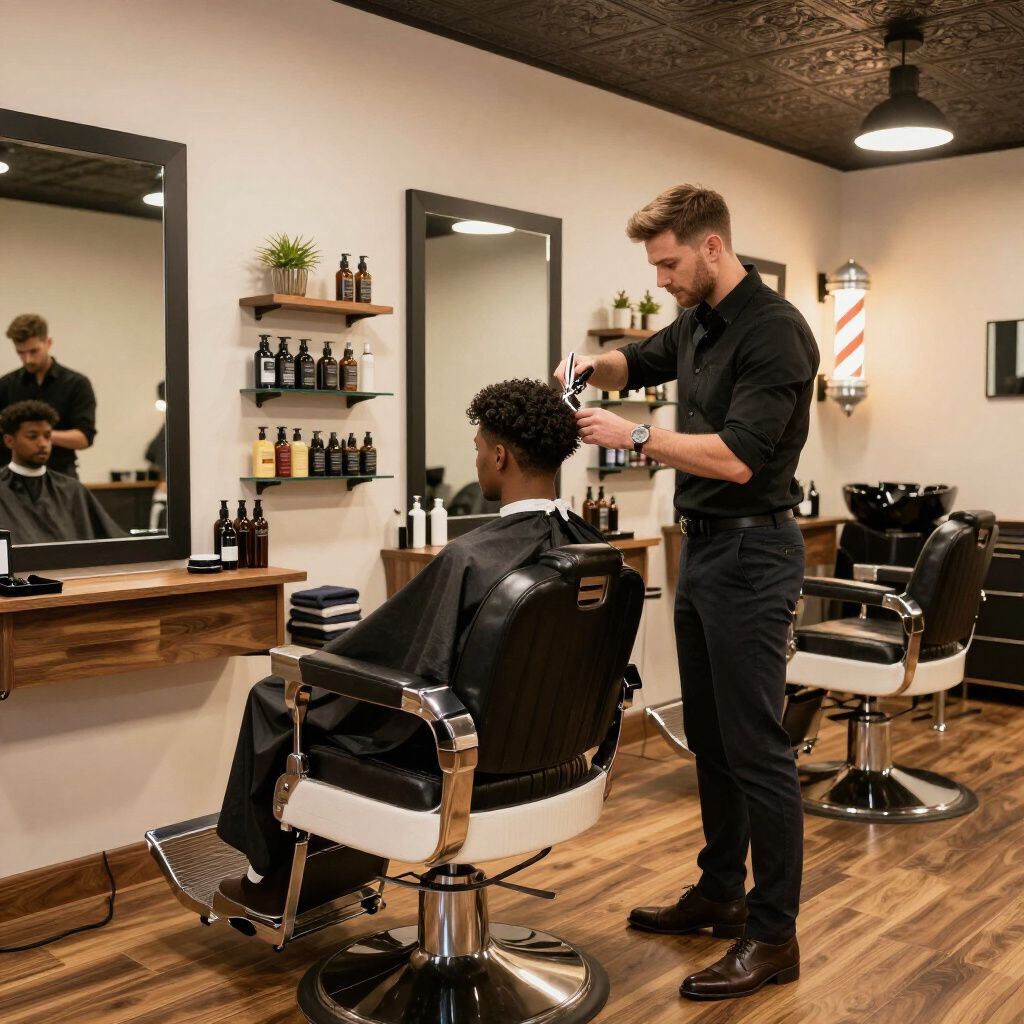 Barber giving a haircut in a stylish barbershop. Man sits in chair wearing a black cape.