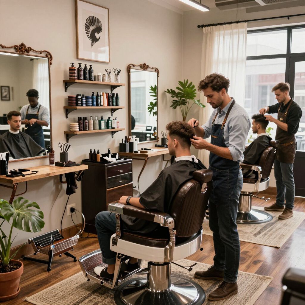 Barbershop: Three men cutting hair. Two barbers with clients in chairs, one in front of a mirror.