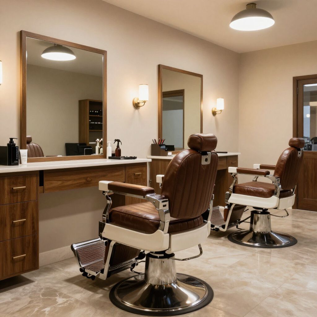 Barbershop interior with two leather chairs, mirrors, and warm lighting.