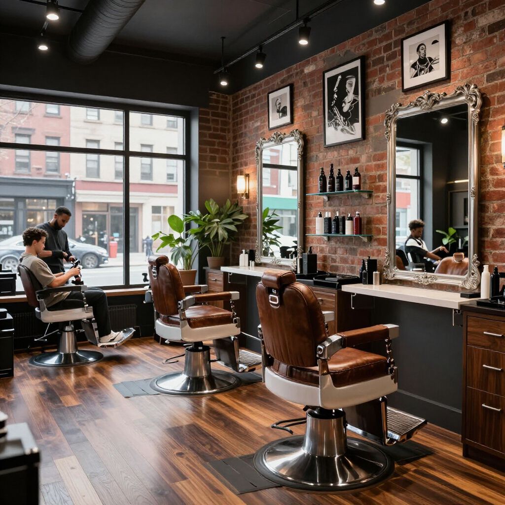Barbershop interior with brick walls, leather chairs, and two customers receiving haircuts.