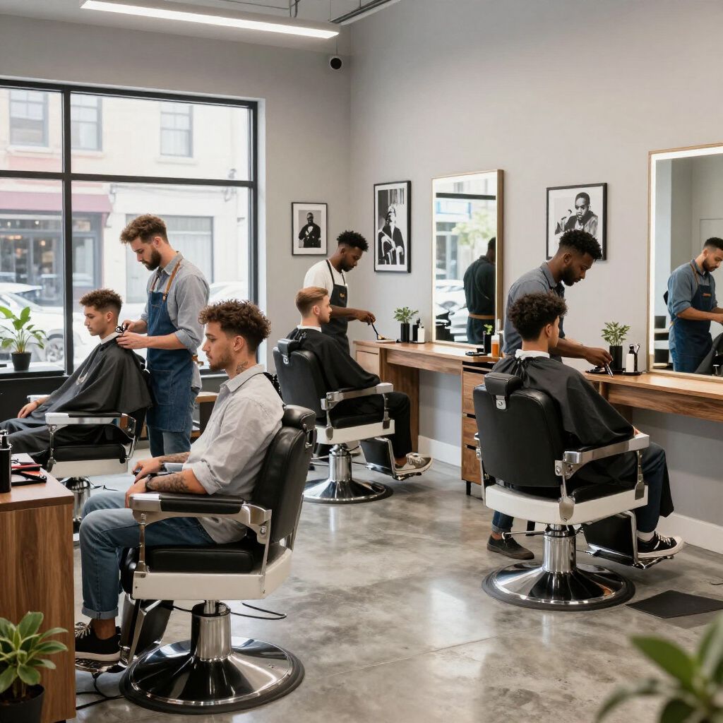 Barbershop interior with barbers cutting hair of seated clients. Gray walls, large windows, and mirrors.