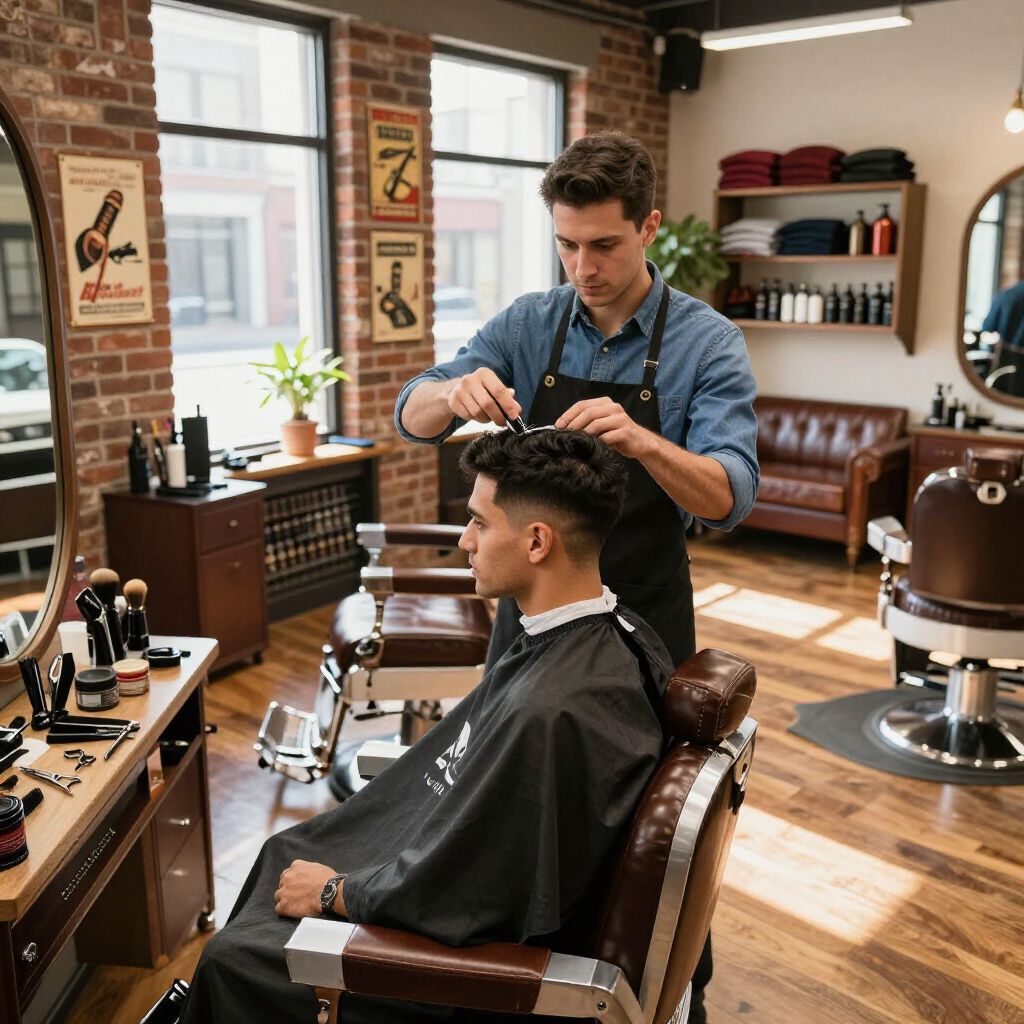 Barber cutting a customer's hair in a vintage barbershop. The customer is seated in a chair, wearing a black cape.