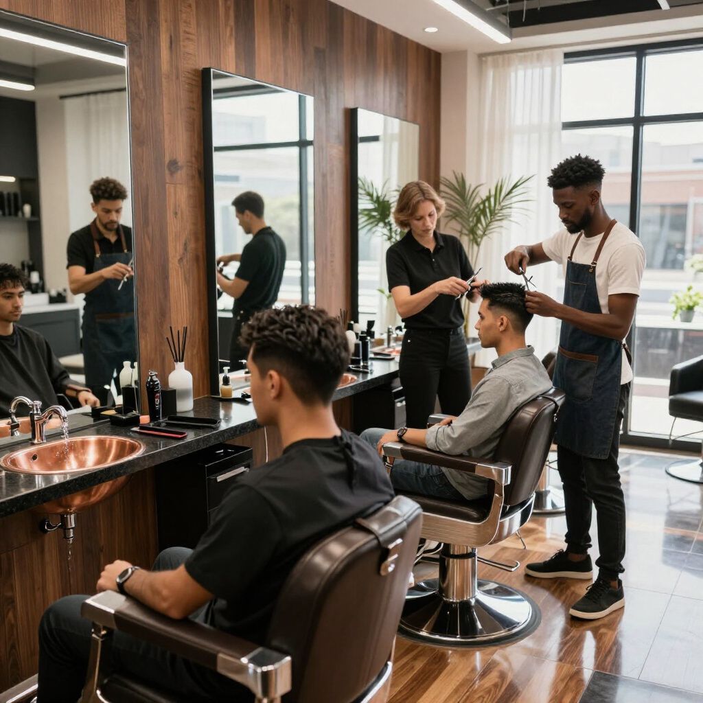 Hair salon with stylists cutting clients' hair; mirrors, chairs, and styling products present.