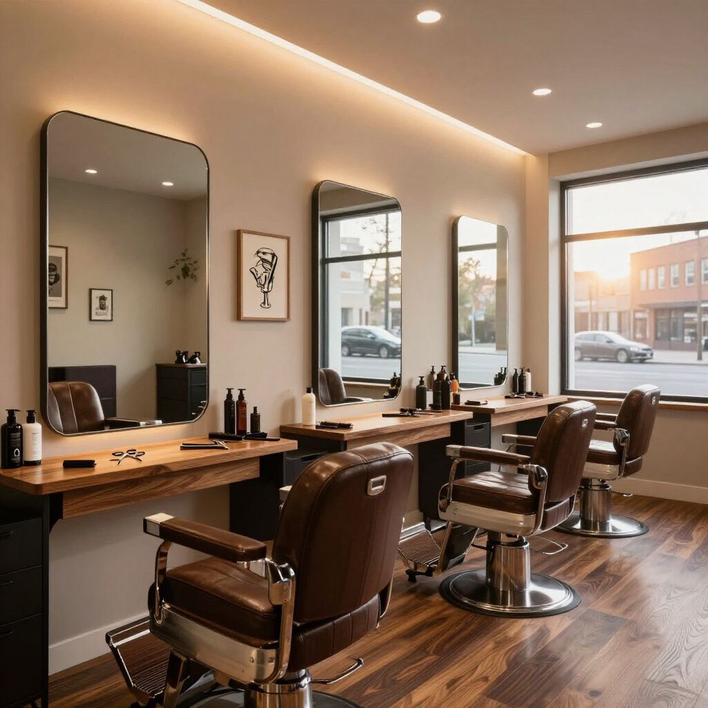 Interior of a barbershop with chairs, mirrors, and wooden stations. Sunlight streams through a window, illuminating the room.