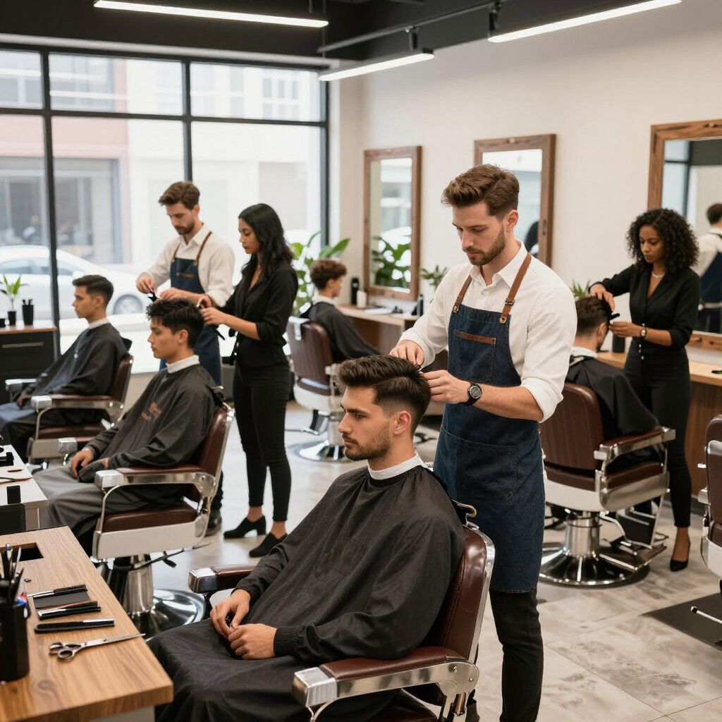 Barbershop interior with customers getting haircuts from stylists.