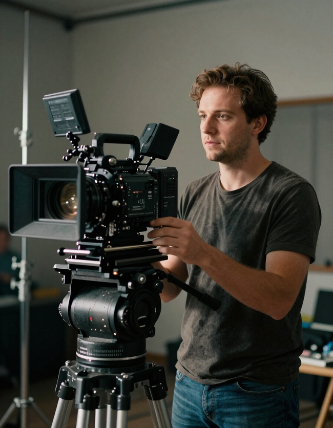 Filmmaker behind cinema camera on set