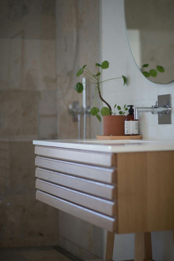 A bathroom with a sink , mirror , and potted plant.