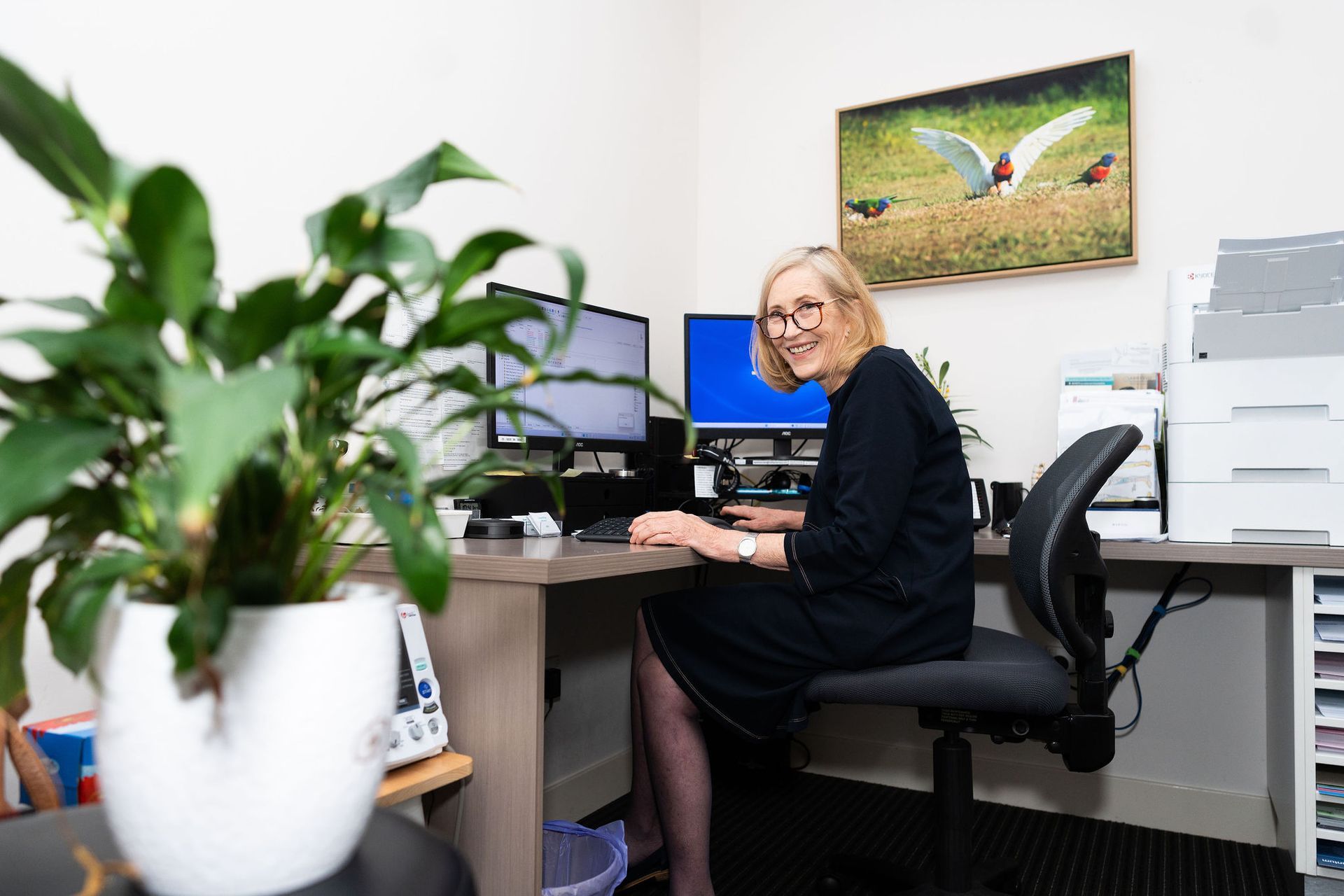 Woman sits at desk with two computer screens in office setting, smiling. Plant in foreground.