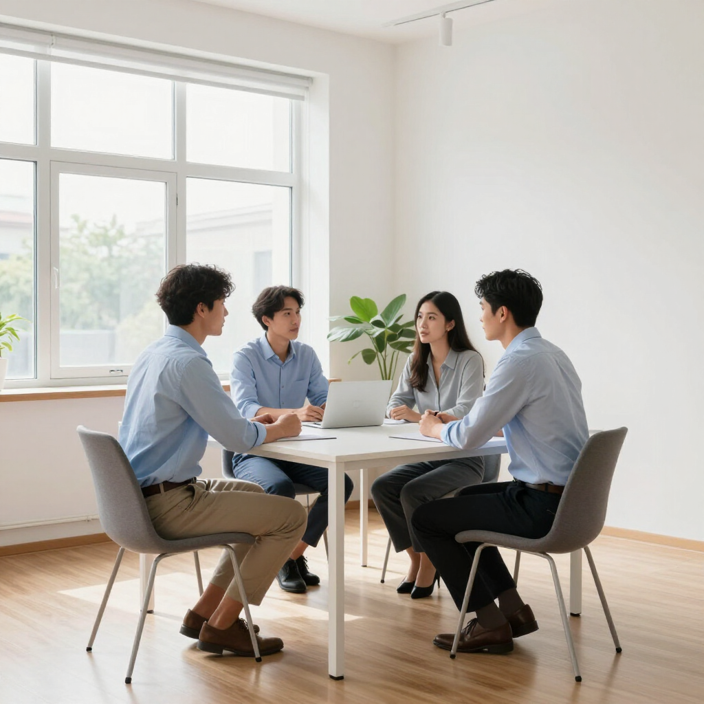 四位同事圍坐在明亮辦公室裡的一張小桌子旁，一起討論一台筆記型電腦。