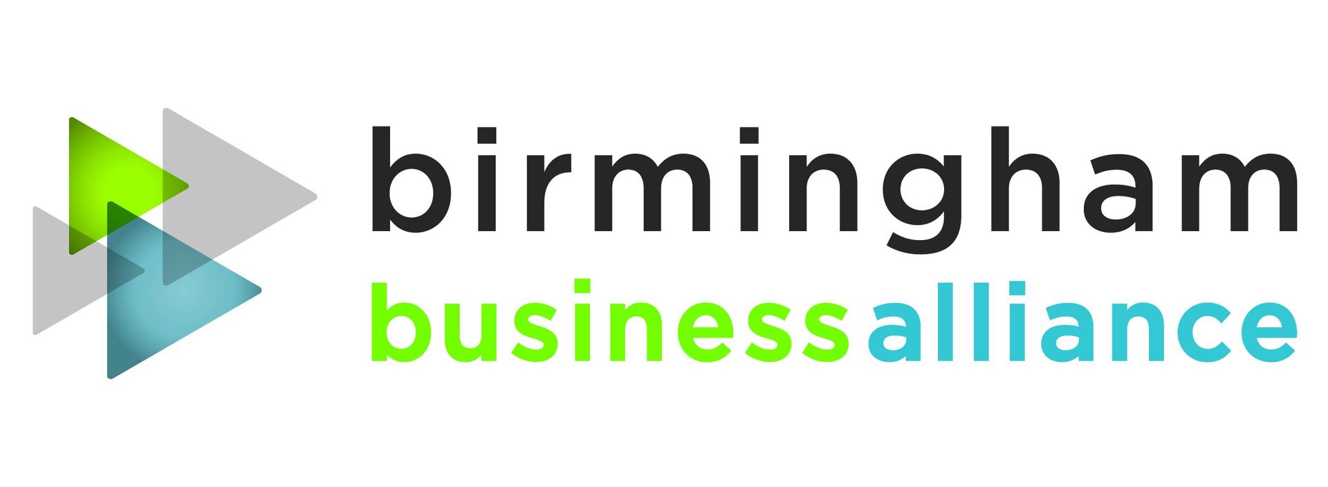 The birmingham business alliance logo is a blue and green triangle with arrows pointing in opposite directions.