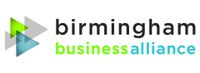 The birmingham business alliance logo is a blue and green triangle with arrows pointing in opposite directions.