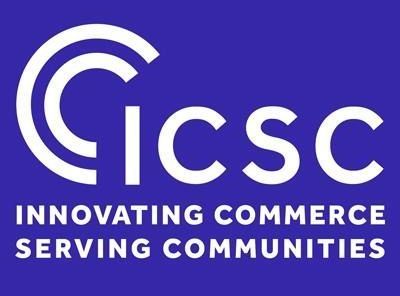 A blue and white logo for gicsc innovating commerce serving communities