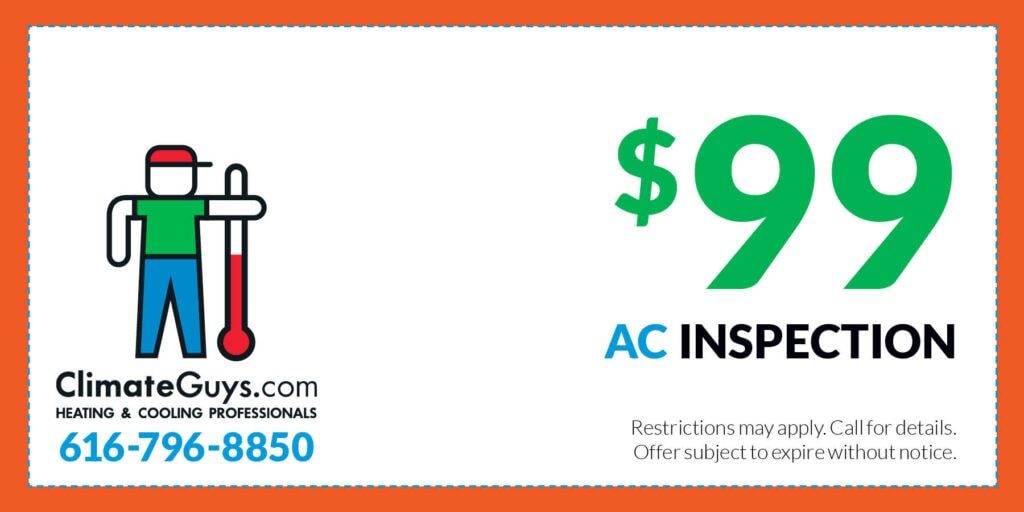 Advertisement for Climate Guys: $99 AC inspection. An illustrated person holding a thermometer and logo with contact information on orange background.