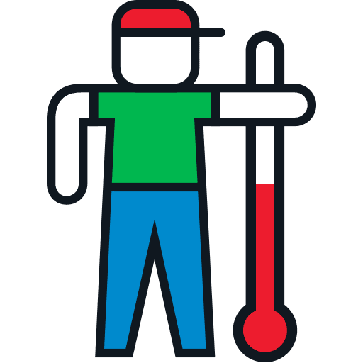 Person wearing a cap and a green shirt is standing with a thermometer. The thermometer reads a high temperature.