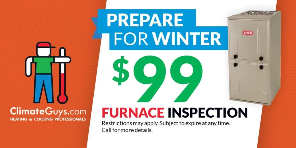 Advertisement for a furnace inspection: orange background, blue banner stating 