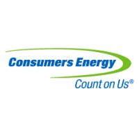 Consumers Energy logo with blue text and green swoosh; tagline