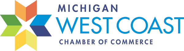 Michigan West Coast Chamber of Commerce logo with a colorful starburst graphic. The text is teal on a white background.