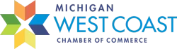 Michigan West Coast Chamber of Commerce logo with a colorful starburst graphic. The text is teal on a white background.