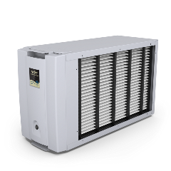 A white air purifier with a black filter grid. The unit has a rectangular shape.