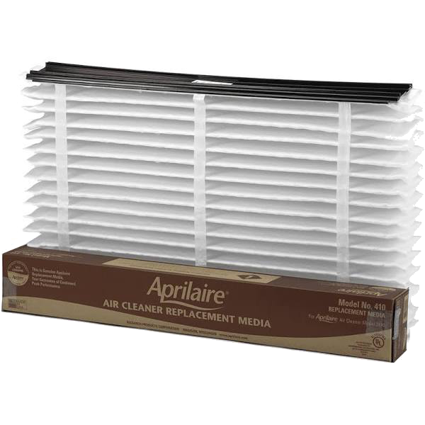 Aprilaire air cleaner replacement media box and stacked filter, white pleated filter.