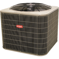 A beige Bryant air conditioning unit with a black grill and fan is set outdoors.