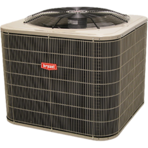 Bryant air conditioning unit with fan on top and dark metal grilles. Outdoor installation.