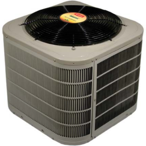 Exterior air conditioning unit with a fan on top and vents on the sides. It's a light grey color.