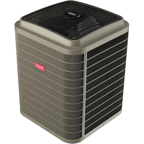 Exterior air conditioning unit.  Gray metal box with black grilles.  A manufacturer's logo is visible.