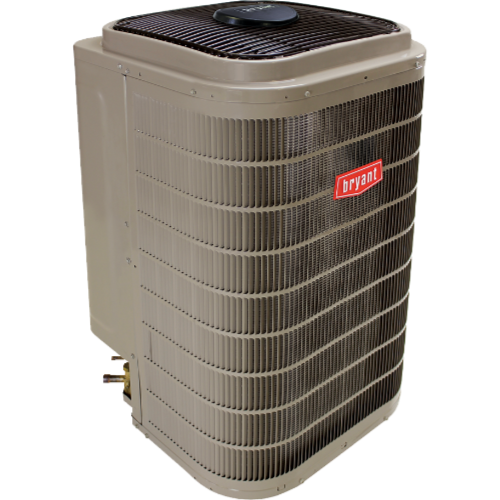 Bryant air conditioner unit in tan with a black top and red logo. Outdoors, with cooling fins.
