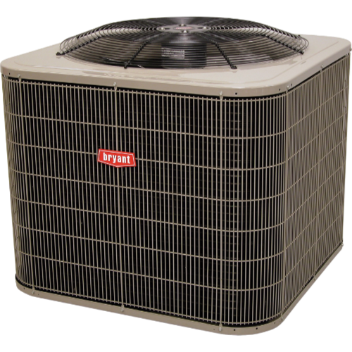 Outdoor Bryant air conditioner unit with a black fan on top and gray metal casing.