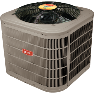 Bryant air conditioning unit with a large fan on top and gray exterior.
