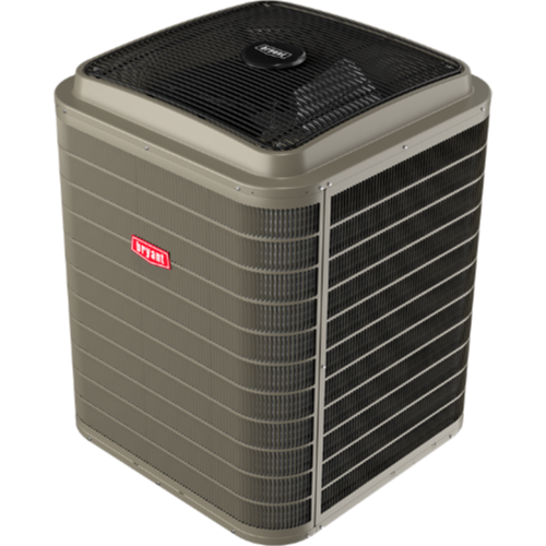 A Bryant air conditioner unit with a gray exterior and black top vent.