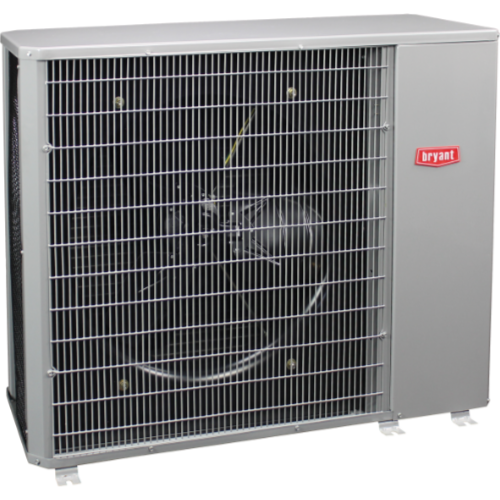A silver Bryant air conditioning unit with a large fan behind a metal grate, outdoors. The Bryant logo is visible.