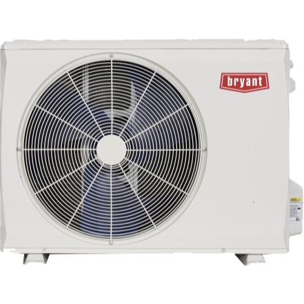 White Bryant air conditioning unit with a large fan and the company logo in red.