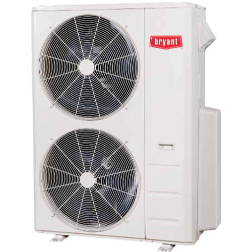 White Bryant air conditioning unit with two fan grilles.
