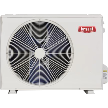 A white Bryant air conditioning unit with a large fan, outdoors. The Bryant logo is red and prominent.