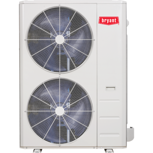 White Bryant outdoor HVAC unit with two large fans, a red logo, and blue fan blades.