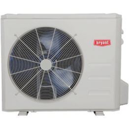 A Bryant air conditioning outdoor unit, light gray with a large fan and logo.