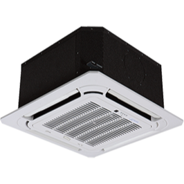 Ceiling-mounted air conditioner unit with a white square face and black housing. Grills are visible within the white frame.
