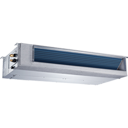 A rectangular, silver-colored ductless air conditioner unit with blue coils visible. It is a recessed, ceiling-mounted unit.