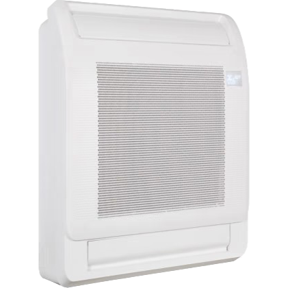 White wall-mounted fan coil unit with a rectangular grill, a small digital display, and a flat top.