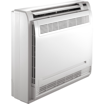 A white floor-mounted air conditioning unit with vents and a control panel.