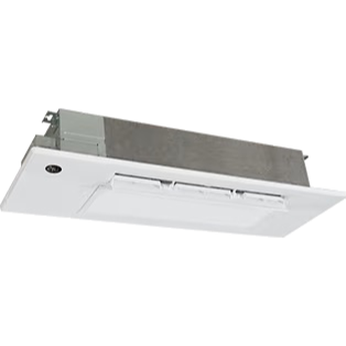 White, rectangular ceiling-mounted air conditioning unit with adjustable vents, partially recessed.