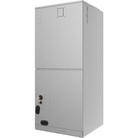 A tall, rectangular, silver HVAC air handler unit.